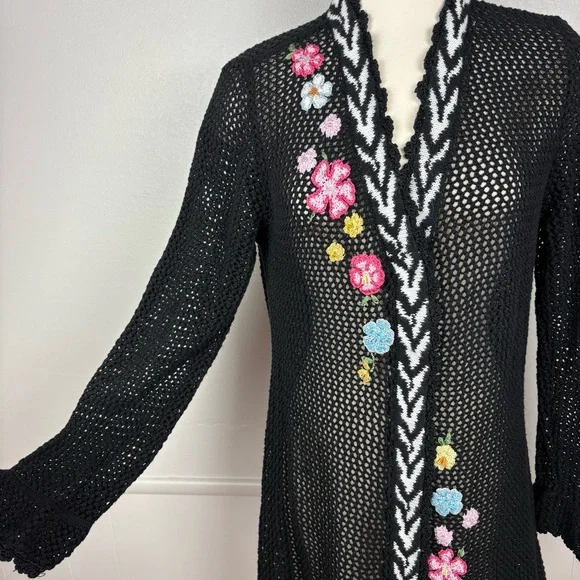 Storybook Knits Vintage Black Cardigan Size L Longline Beaded Floral Open Knit - Picture 3 of 17